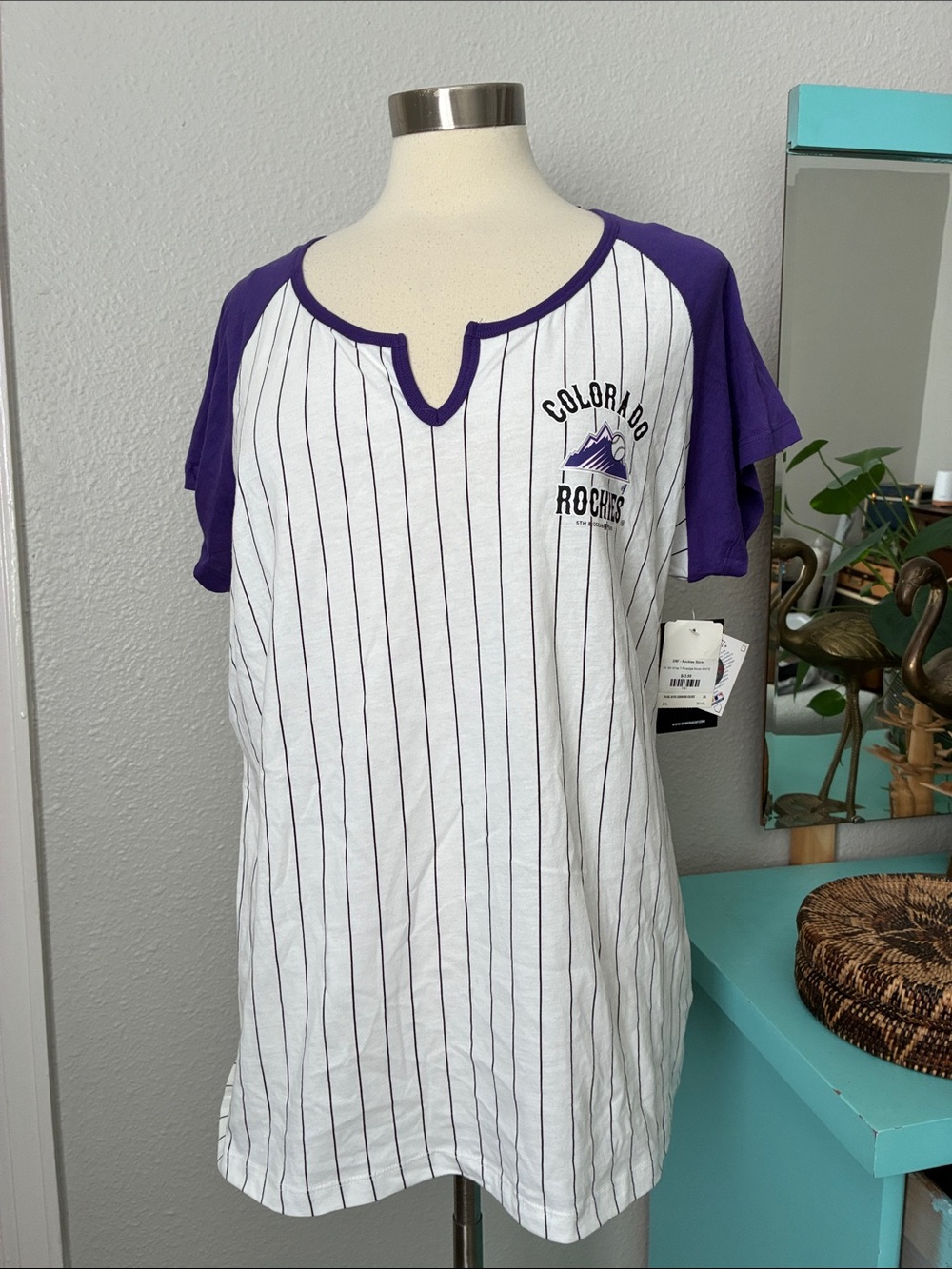 NEW New Era White & Purple Colorado Rockies Pinstripe Tee 2XL MLB Baseball Top